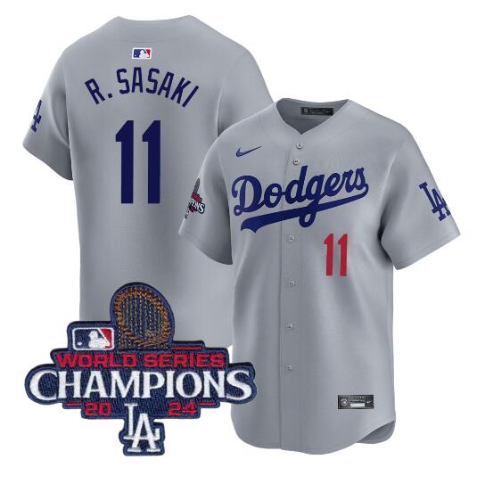 Men's Los Angeles Dodgers #11 Roki Sasaki Grey 2024 World Series Champions Limited Stitched Baseball Jersey Men's Los Angeles Dodgers #11 Roki Sasaki Grey 2024 World Series Champions Limited Stitched Baseball Jersey